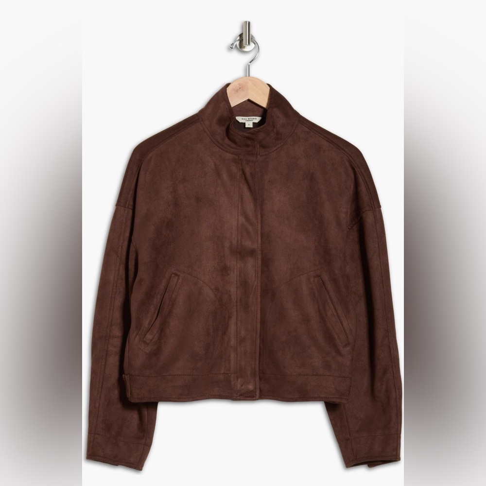 Max Studio “Faux Suede” Dark Brown Bomber Jacket - Women’s Medium- NEW - Picture 2 of 4